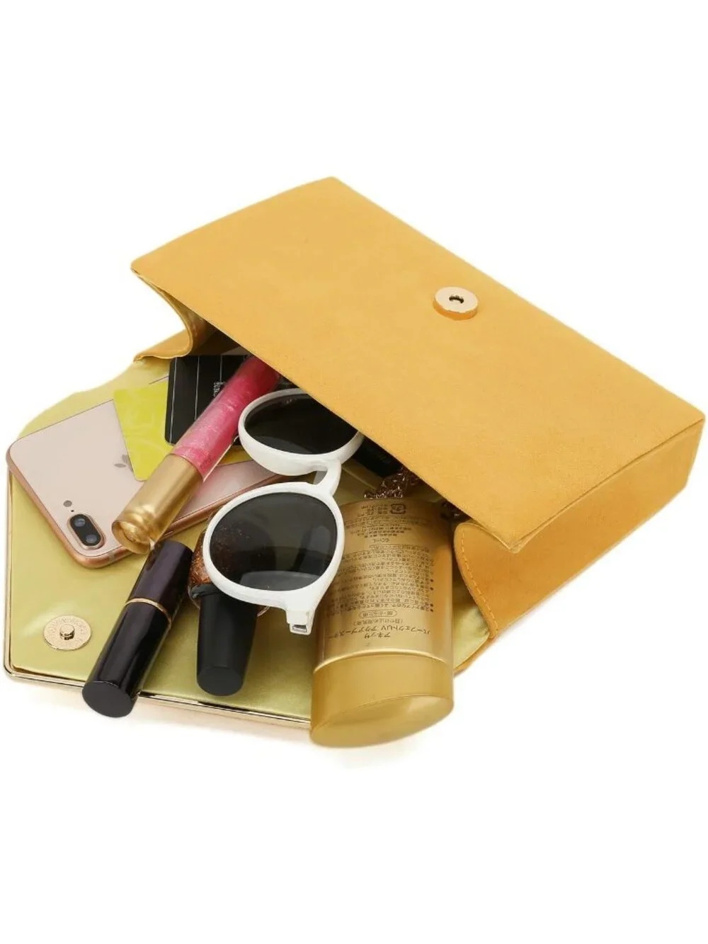 👜 Women's Mustard Faux Suede Clutch Bag Elegant Metal Binding Evening Purse